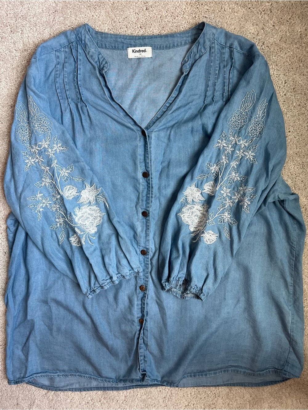 Kindred Light Blue Denim Tunic Plus-Size Button Down Top Floral Embroidery
